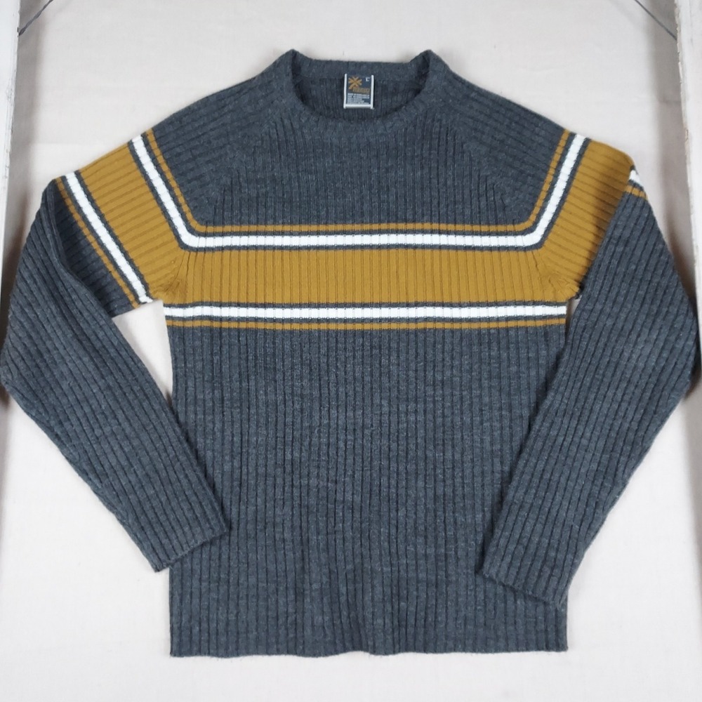 Modern Culture Men's Large Gray Mustard Ribbed Crew Neck Sweater Striped Casual